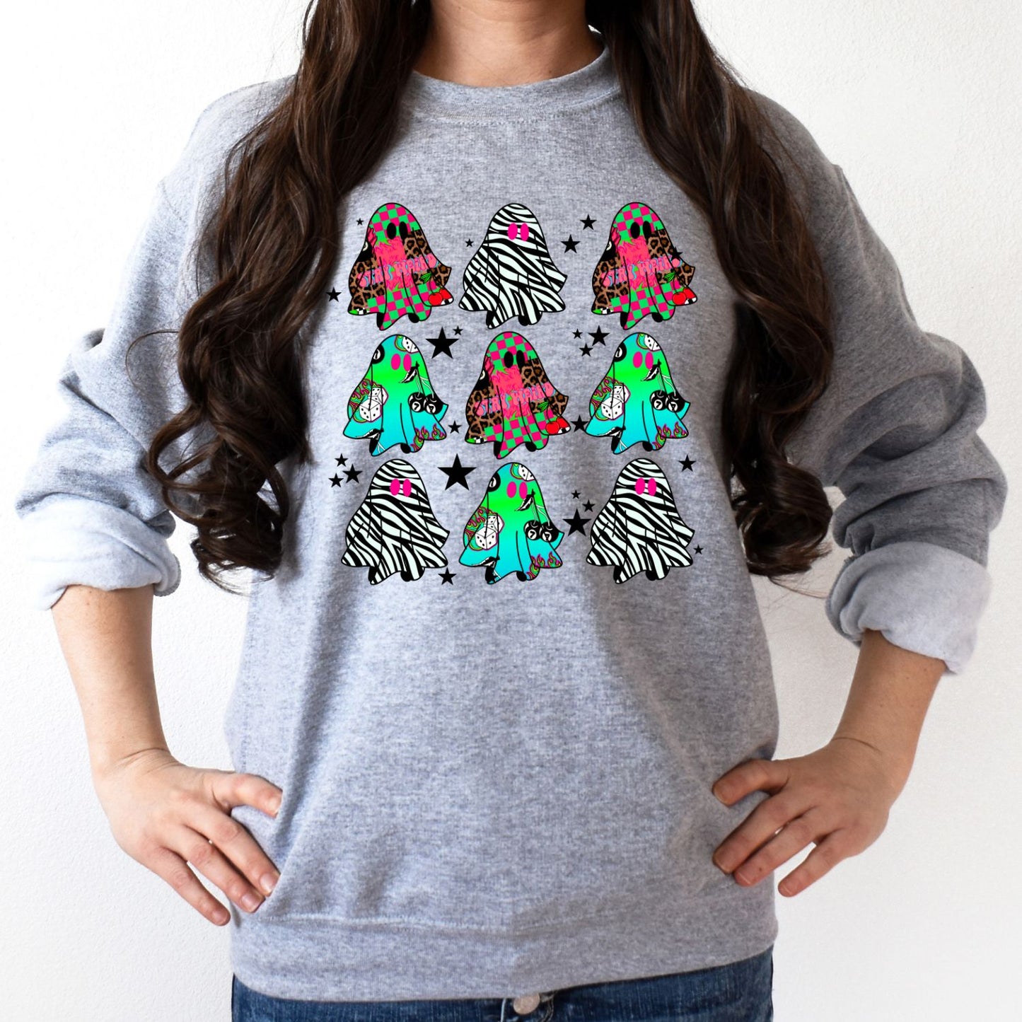 Retro Colorful Ghost Pattern Sweatshirt – DTG Printed Cozy Halloween Crewneck
