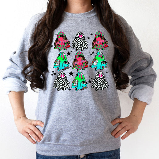Retro Colorful Ghost Pattern Sweatshirt – DTG Printed Cozy Halloween Crewneck