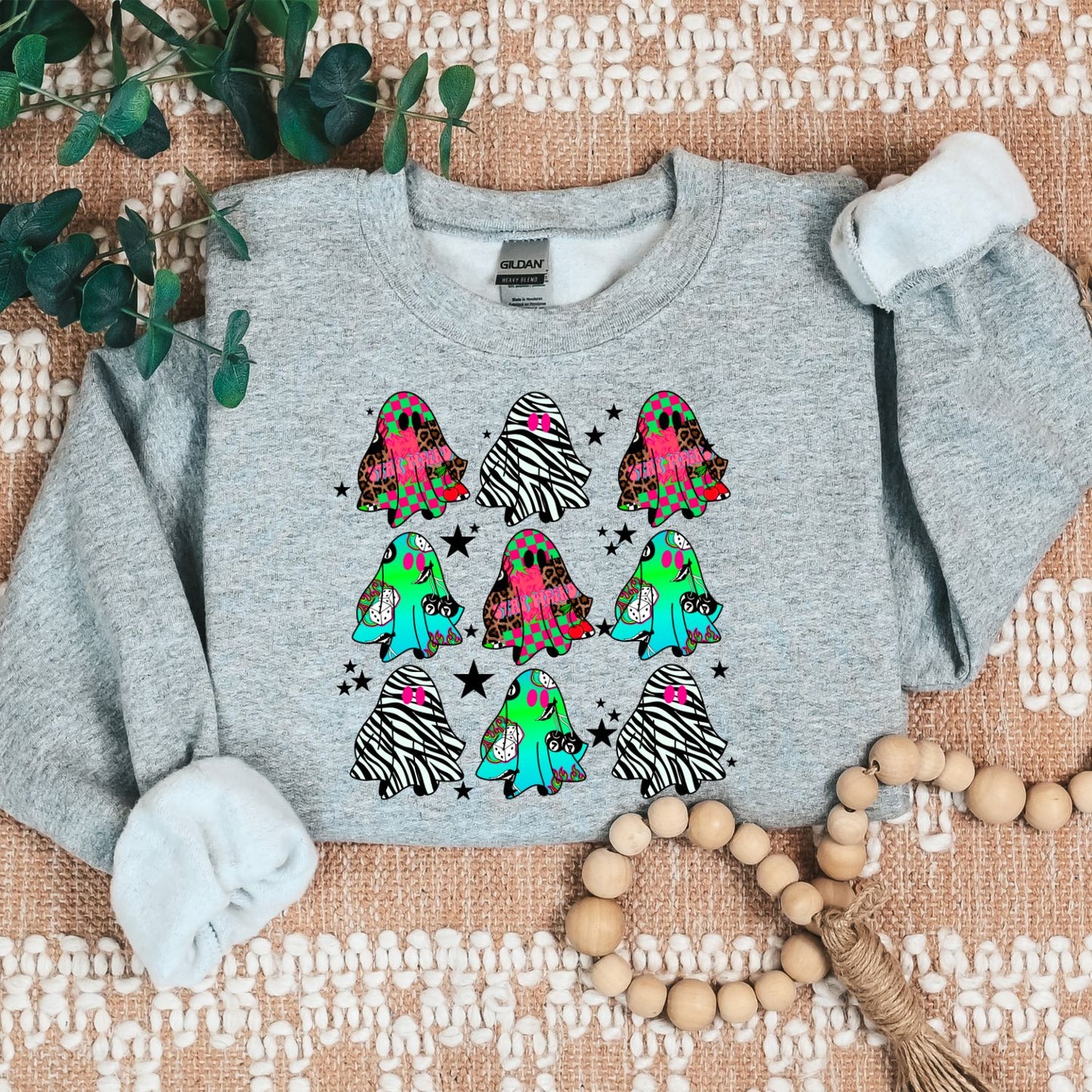 Retro Colorful Ghost Pattern Sweatshirt – DTG Printed Cozy Halloween Crewneck