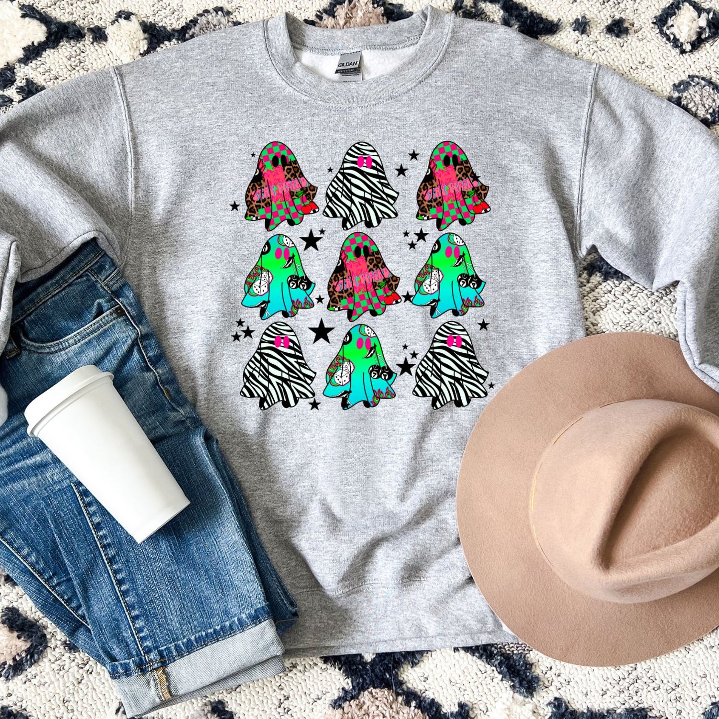 Retro Colorful Ghost Pattern Sweatshirt – DTG Printed Cozy Halloween Crewneck