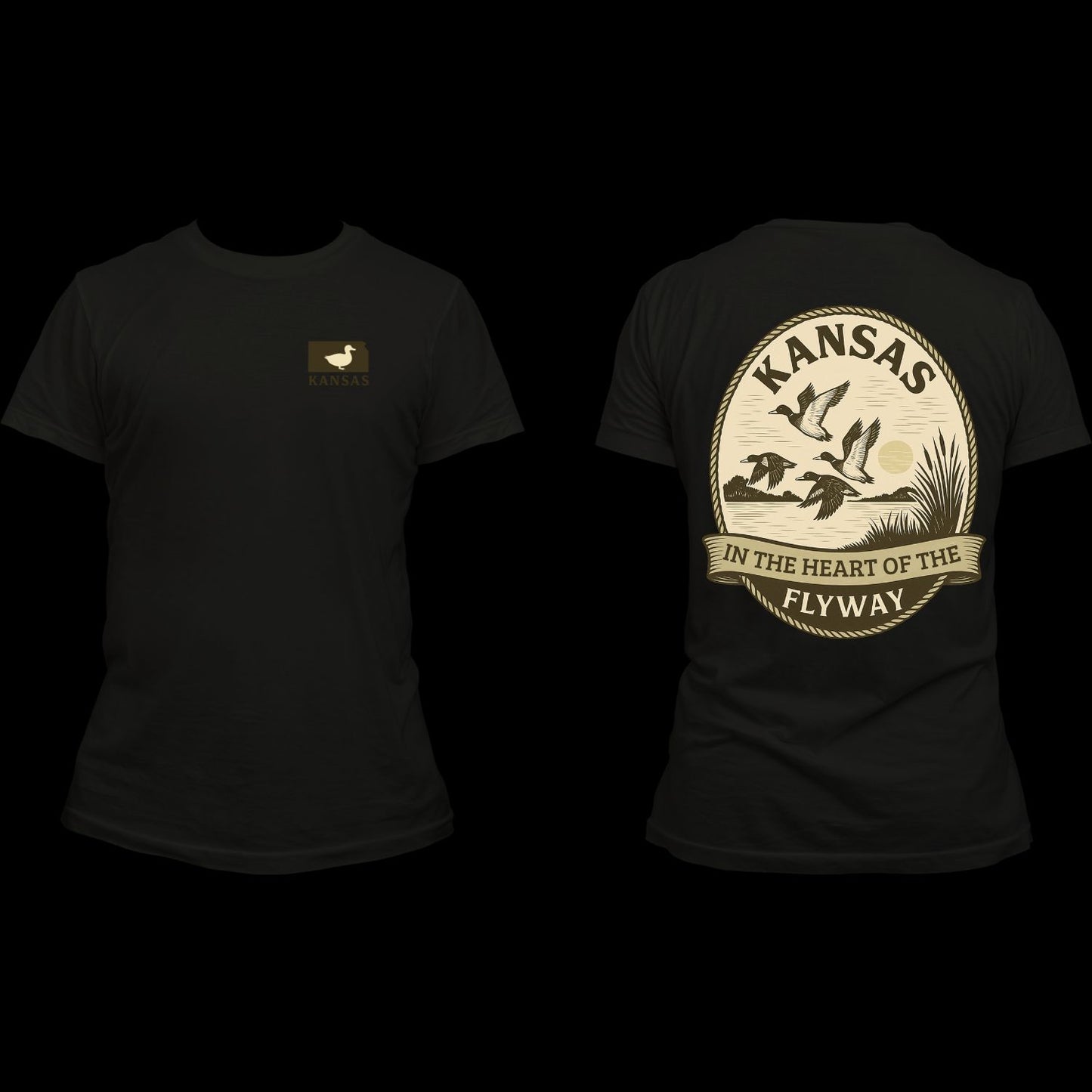 Kansas Duck Hunting T-Shirt – “In the Heart of the Flyway” – Waterfowl Hunter Shirt – Duck Hunting Apparel – Men’s & Women’s Outdoor Camo Style Tee – Gildan Soft Cotton