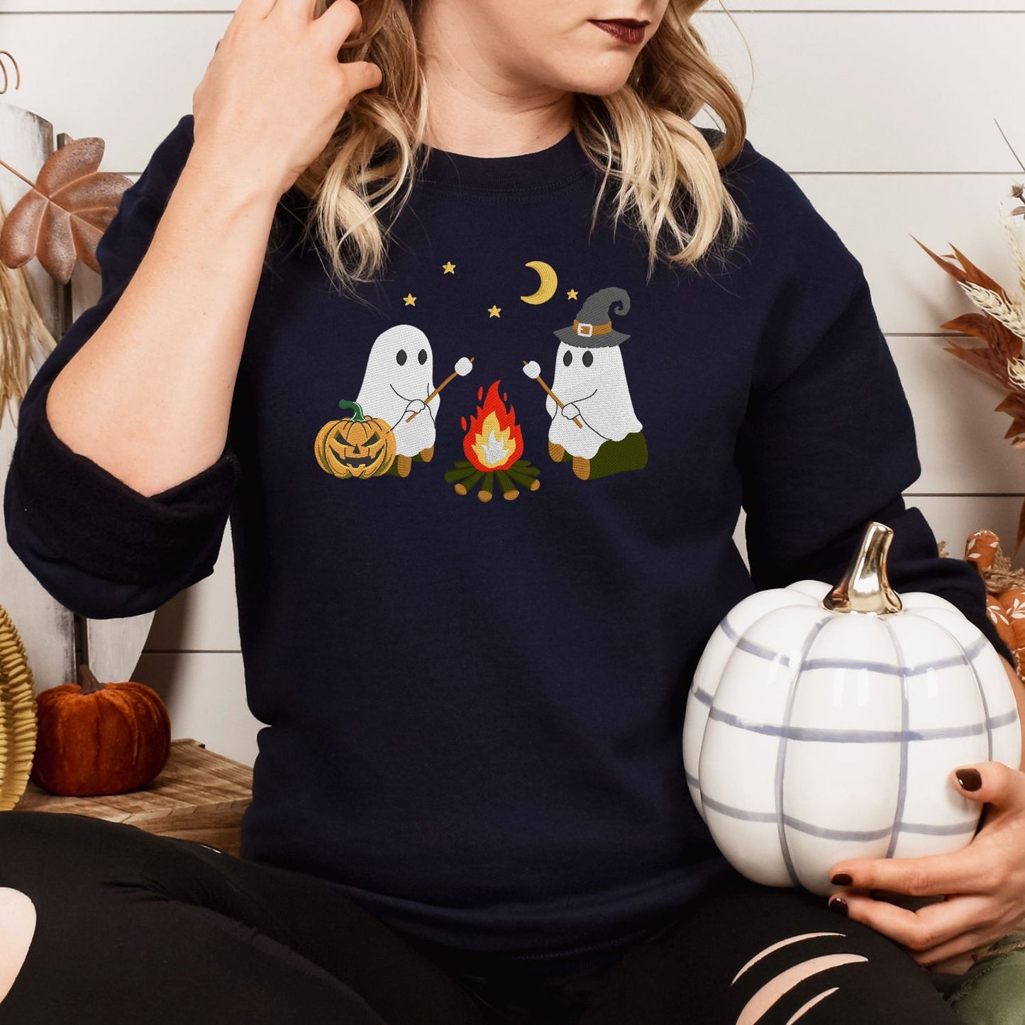Campfire Ghost Embroidered Sweatshirt | Cute Fall Crewneck | Spooky Season Cozy Pullover