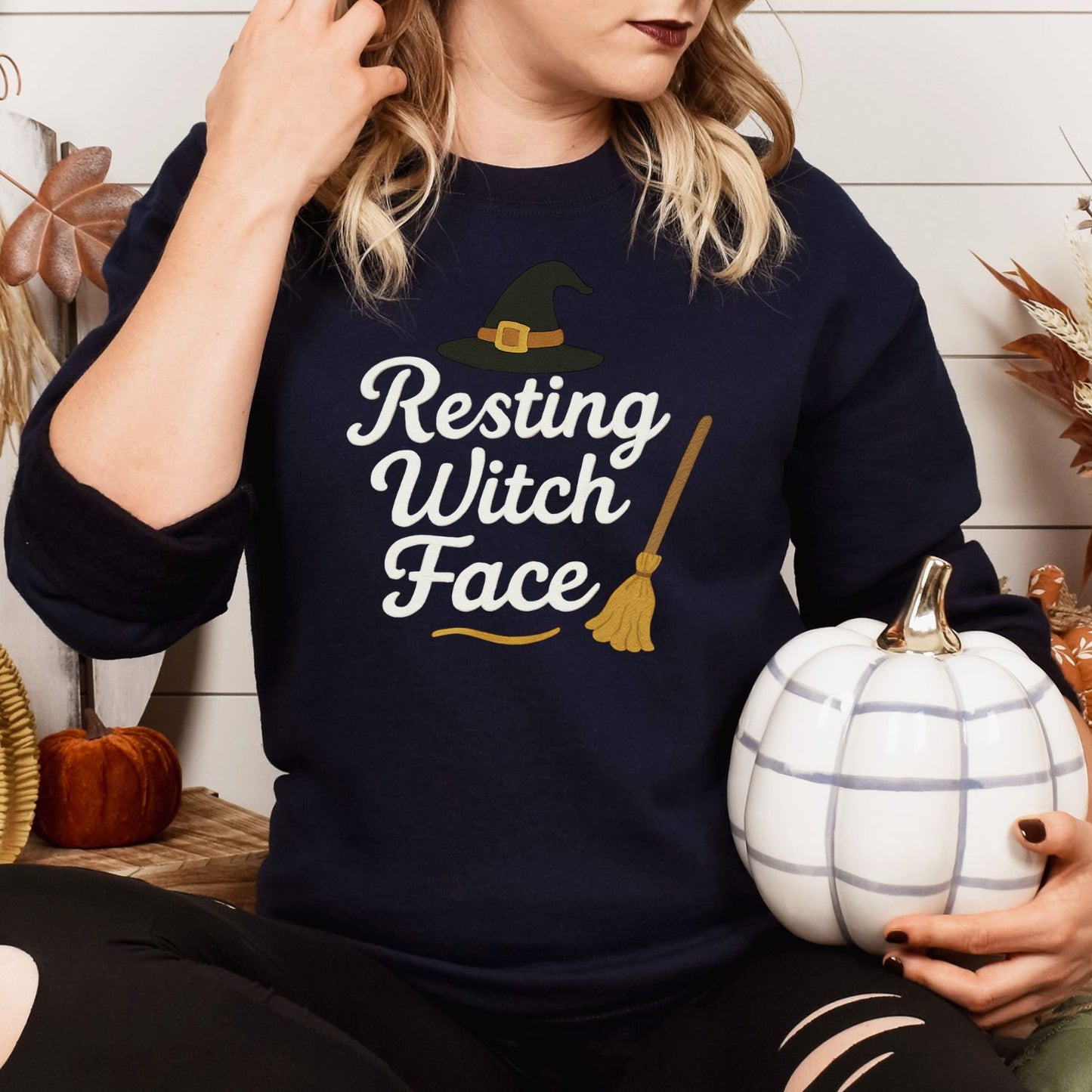 Witchy Embroidered Halloween Sweatshirt – Cozy “Resting Witch Face” Pullover for Spooky Season Vibes