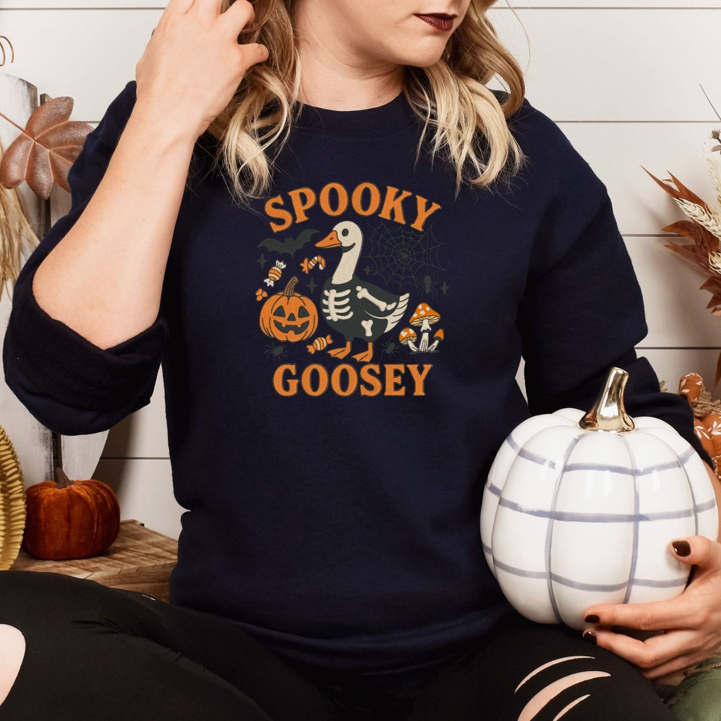 Spooky Goose Skeleton Embroidered Halloween Sweatshirt – Funny Fall Crewneck