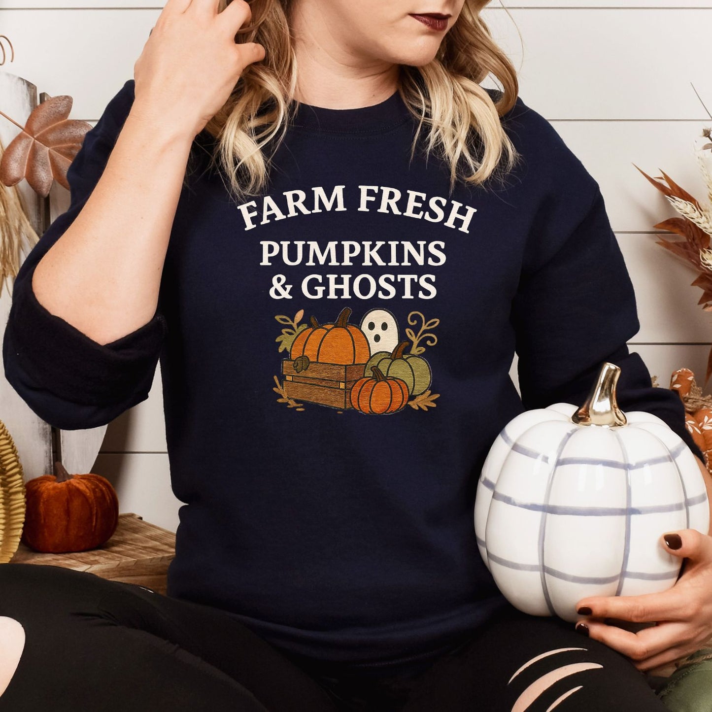 Farm Fresh Halloween Sweatshirt – Ghost & Pumpkin Embroidery Fall Crewneck