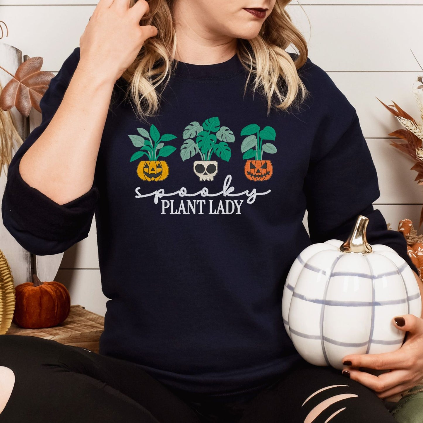 Spooky Plant Lady Halloween Sweatshirt – Jack-o'-Lantern Embroidery – Plant Mom Fall Crewneck