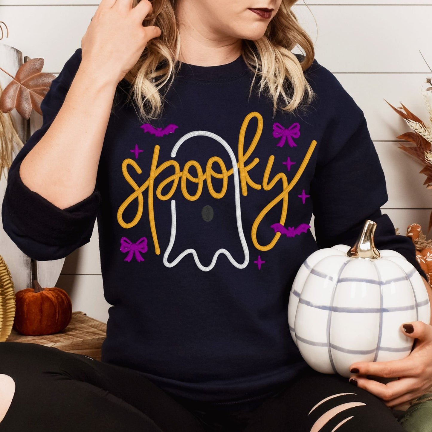 Spooky Cute Ghost Bow Embroidered Halloween Sweatshirt – Cozy Fall Crewneck for Women