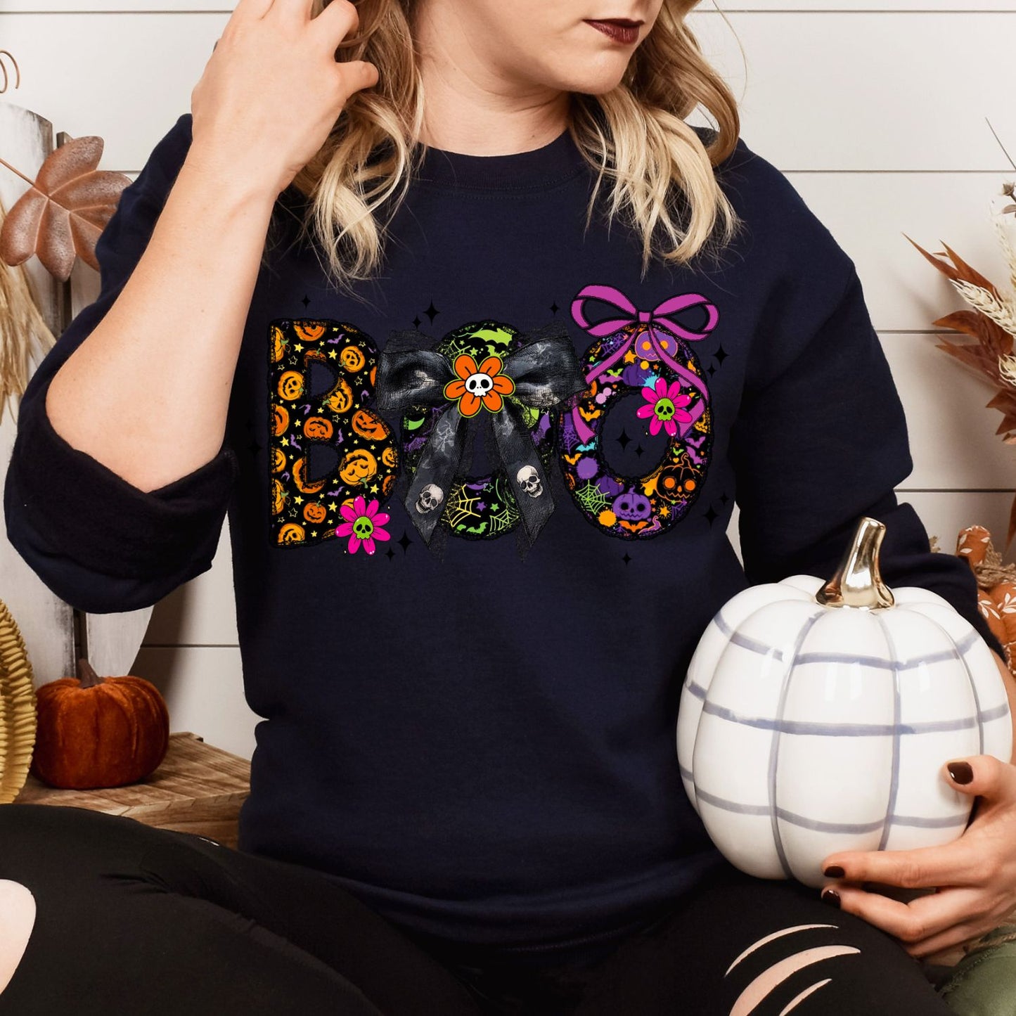 BOO Halloween Shirt – Cute Spooky Bow Graphic Tee | Colorful Pumpkin & Skull Shirt | Pastel Goth Halloween Shirt | Purple Fall Aesthetic Tee