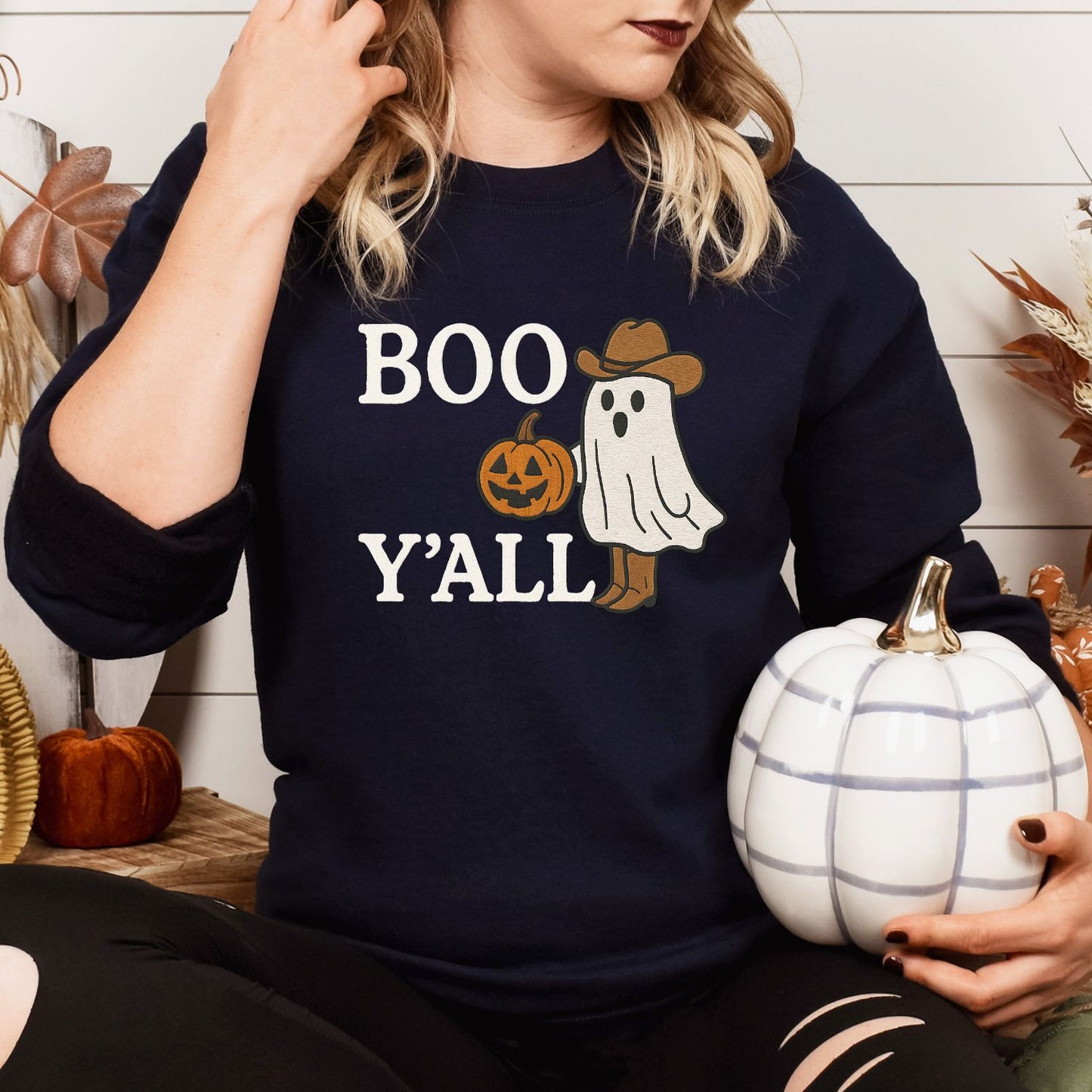 Boo Y’all Ghost Cowboy Embroidered Sweatshirt | Western Fall Halloween Crewneck