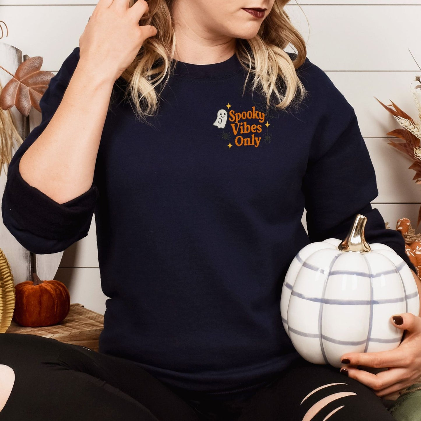 Spooky Ghost Embroidered Halloween Crewneck | Fall Cozy Sweatshirt | Cute Spiderweb Ghost Sweater