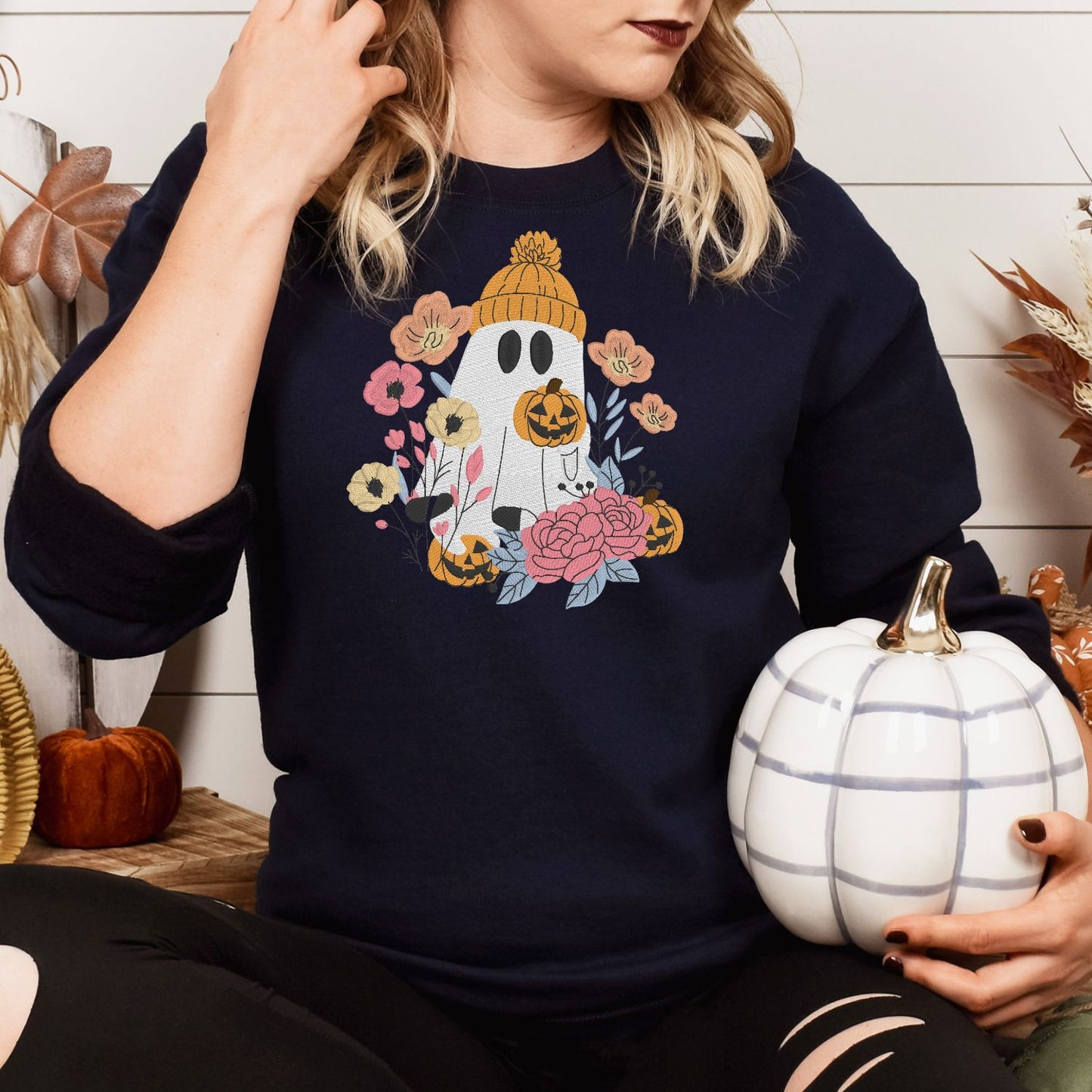 Floral Ghost Sweatshirt – Cozy Fall Embroidered Halloween Pullover