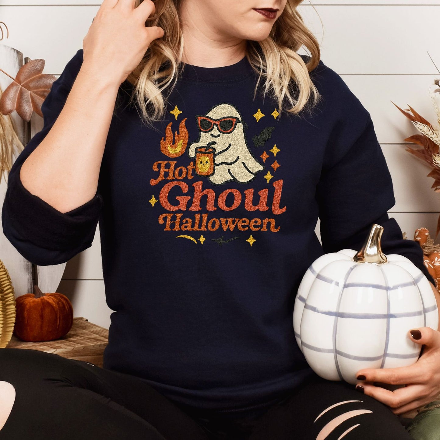 Hot Ghoul Halloween Embroidered Sweatshirt | Cozy Fall Ghost Crewneck | Spooky Season Pullover for Women