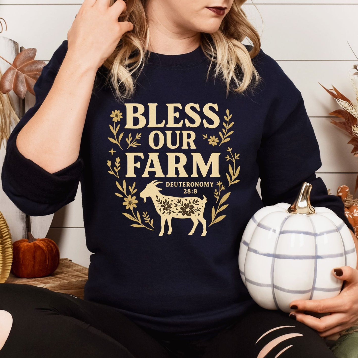 Bless Our Farm Sweatshirt | Inspirational Farm Quote Shirt with Goat and Floral Design | Christian Country Living Pullover