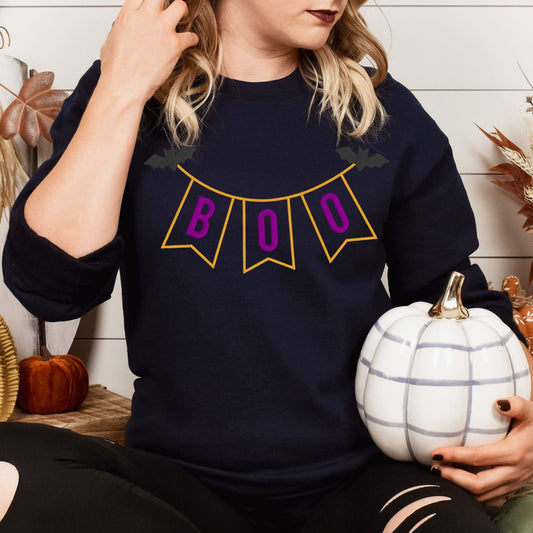 Halloween BOO Banner Applique Embroidery Shirt | Fall Pumpkin Patch Outfit | Spooky Season Sweatshirt | Cute Bats & Pennant Top