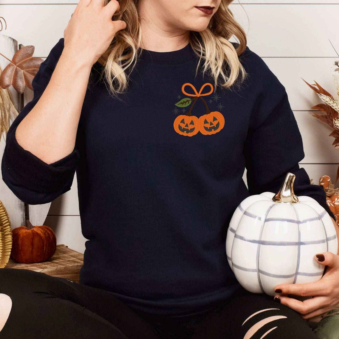 Pumpkin Pair Embroidered Crewneck Sweatshirt – Cozy Fall Halloween Aesthetic