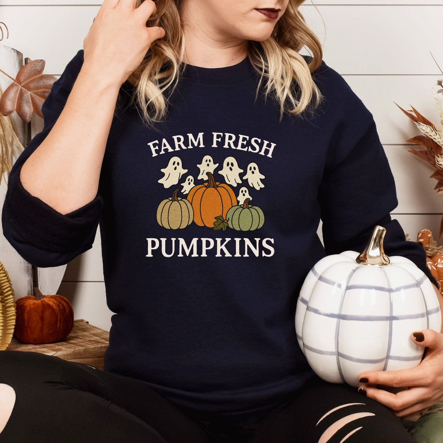 Farm Fresh Pumpkins and Ghosts Sweatshirt – Cozy Fall Embroidered Crewneck for Autumn Lovers