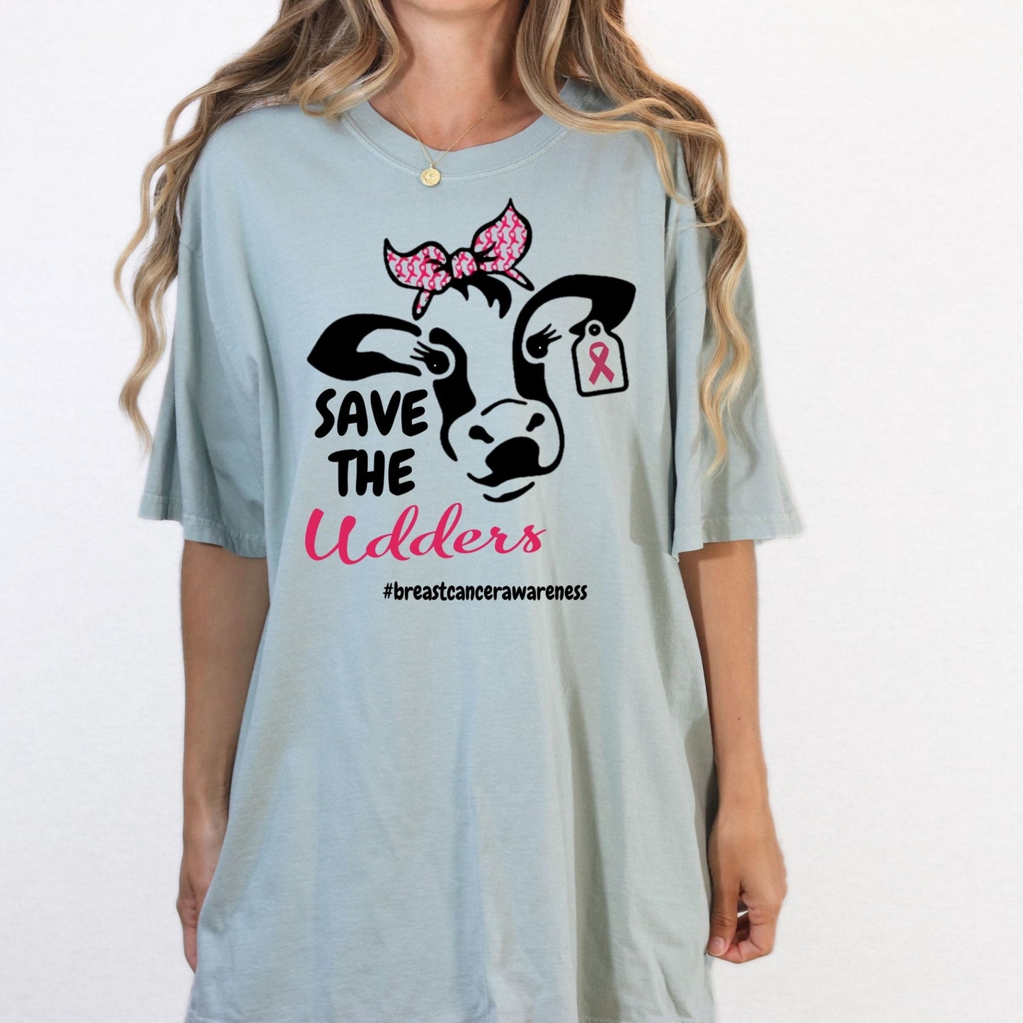 Cow Graphic Tee – Funny Farm Shirt – Pink Awareness Support – Save the Udders – Women’s Comfort Fit DTG T-Shirt