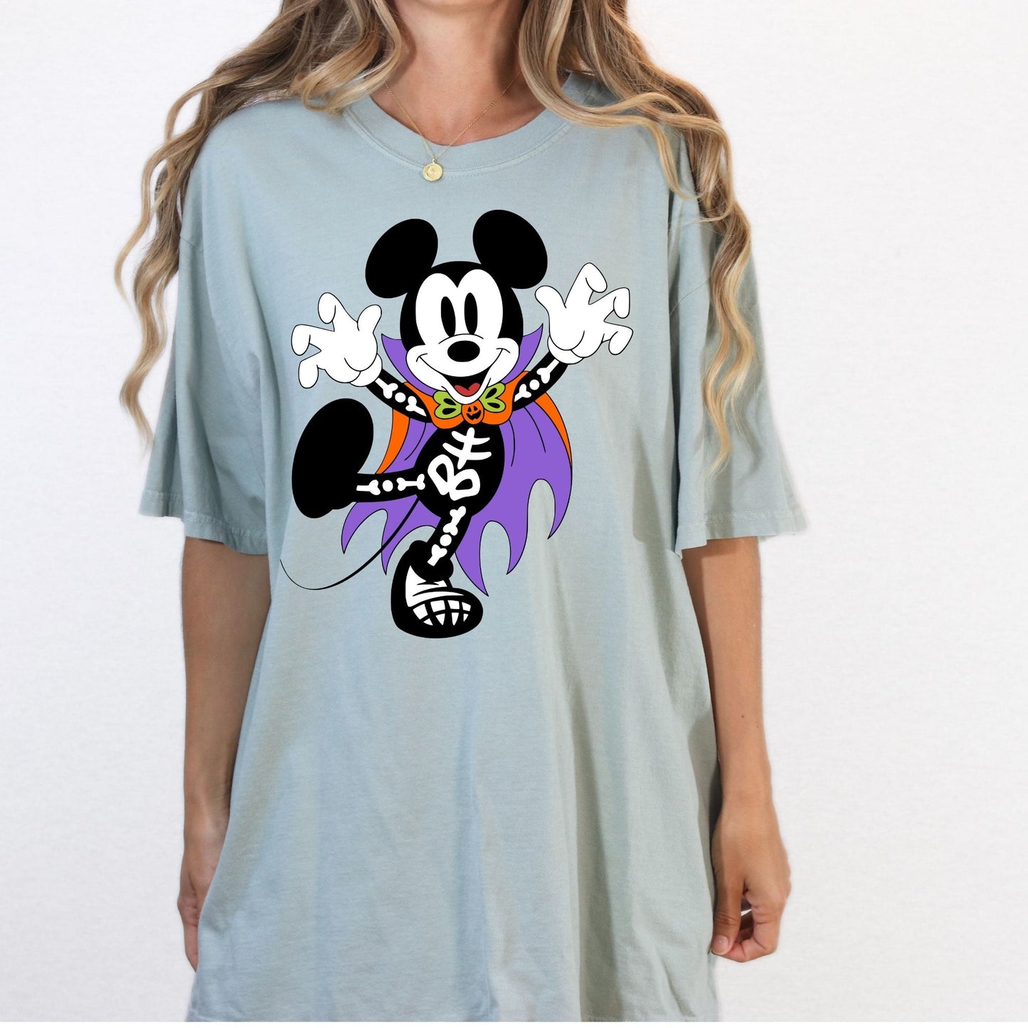 Cartoon Mouse Skeleton Graphic Tee – Spooky Halloween Oversized Shirt