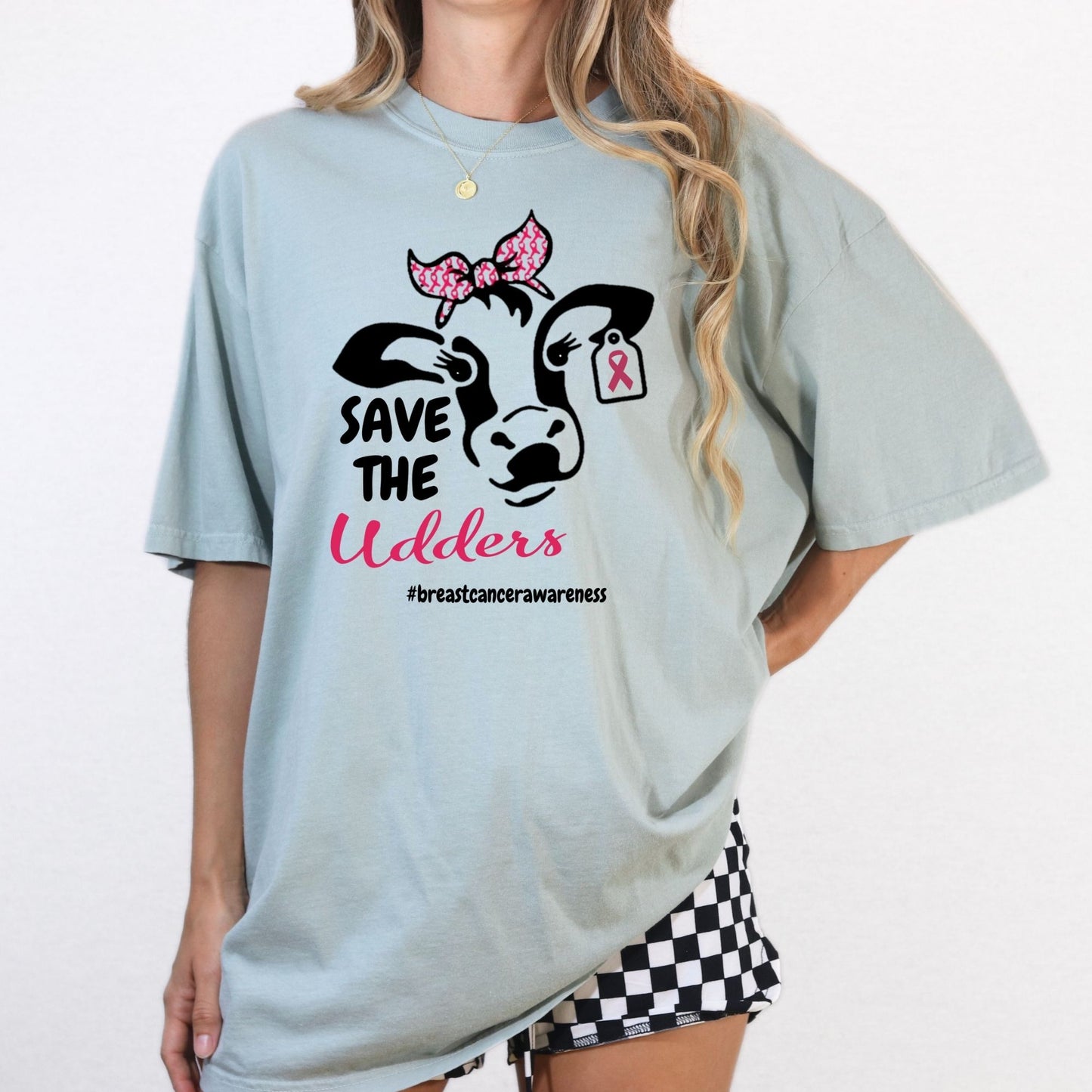 Cow Graphic Tee – Funny Farm Shirt – Pink Awareness Support – Save the Udders – Women’s Comfort Fit DTG T-Shirt