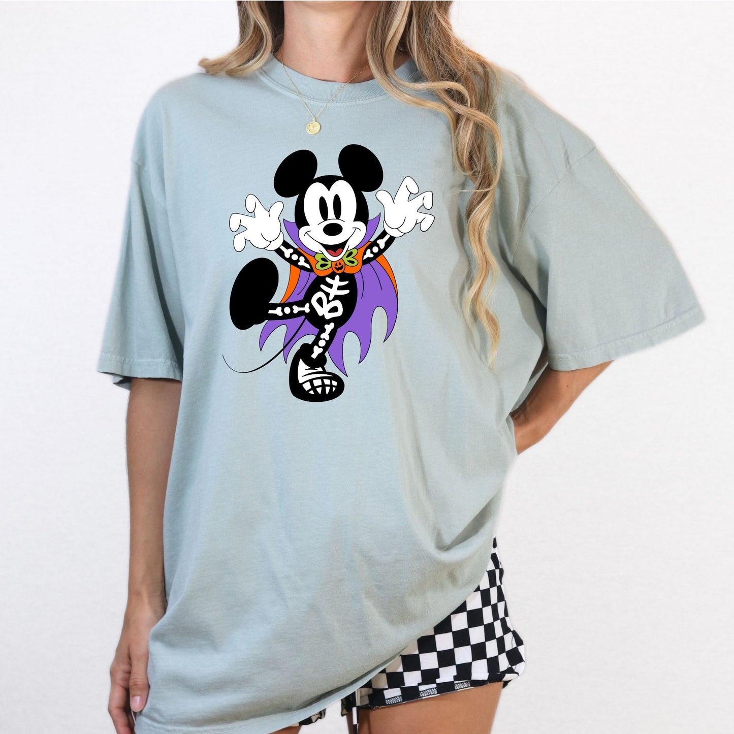 Cartoon Mouse Skeleton Graphic Tee – Spooky Halloween Oversized Shirt