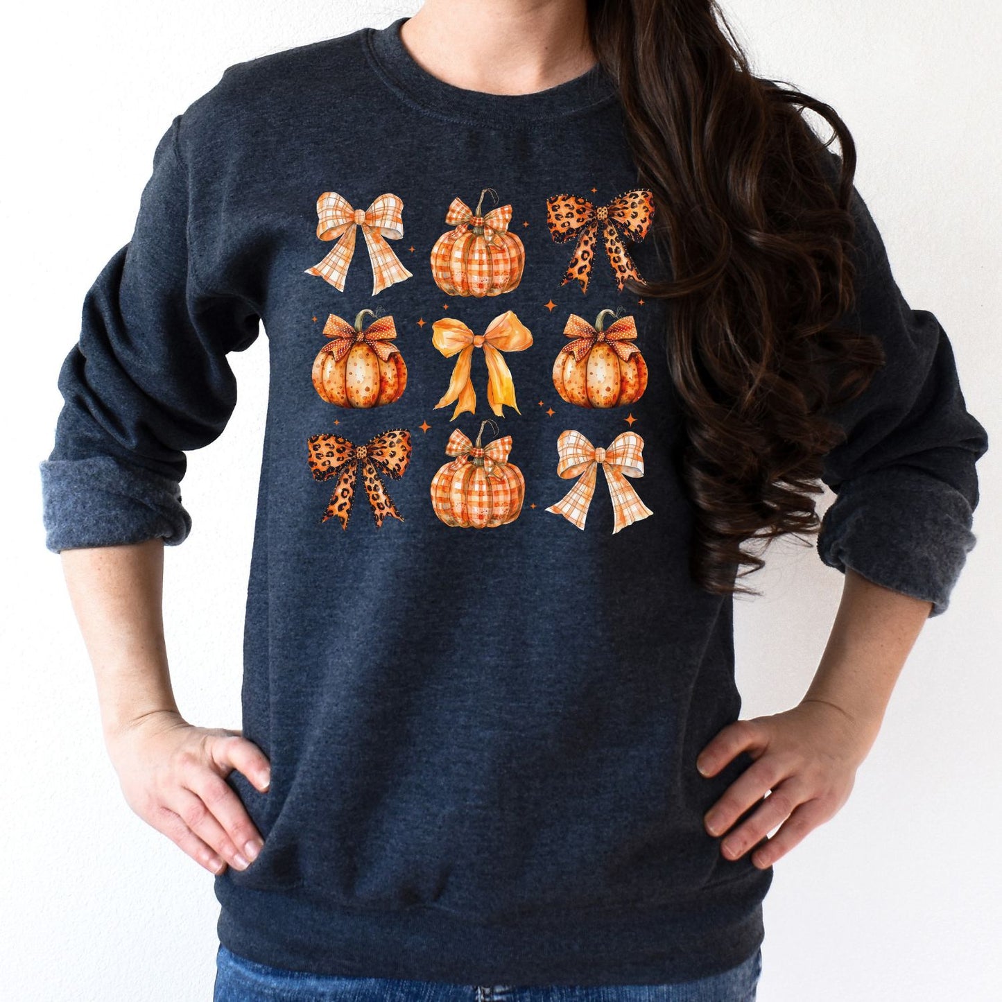Rustic Fall Pumpkins and Bows Sweatshirt – Cozy Autumn Graphic Crewneck