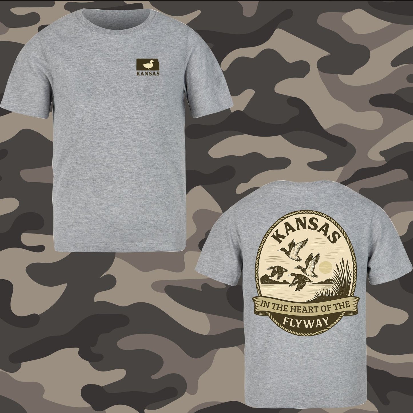 Kansas Duck Hunting T-Shirt – “In the Heart of the Flyway” – Waterfowl Hunter Shirt – Duck Hunting Apparel – Men’s & Women’s Outdoor Camo Style Tee – Gildan Soft Cotton