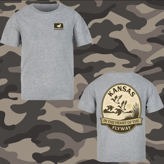 Kansas Duck Hunting T-Shirt – “In the Heart of the Flyway” – Waterfowl Hunter Shirt – Duck Hunting Apparel – Men’s & Women’s Outdoor Camo Style Tee – Gildan Soft Cotton