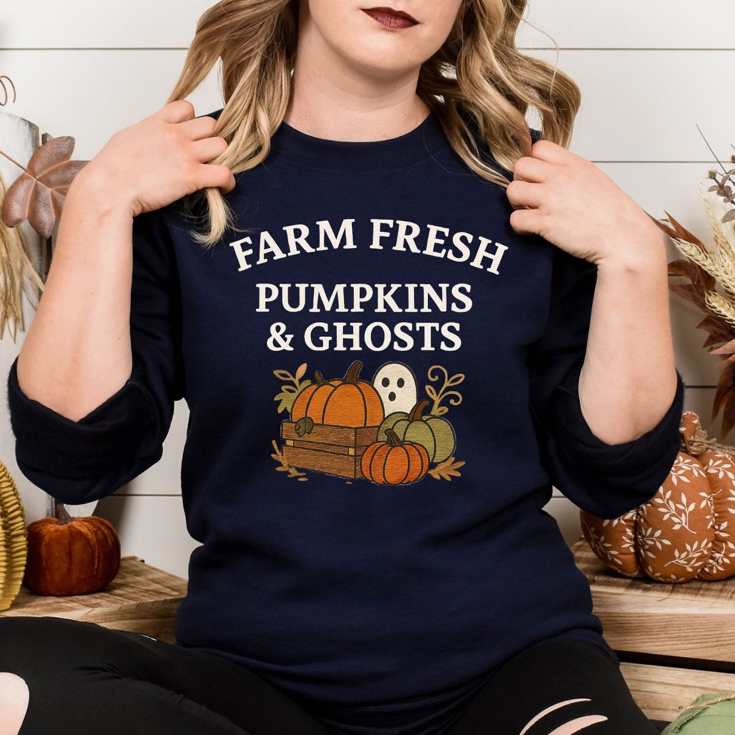 Farm Fresh Halloween Sweatshirt – Ghost & Pumpkin Embroidery Fall Crewneck