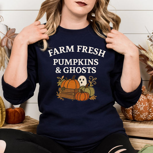 Farm Fresh Halloween Sweatshirt – Ghost & Pumpkin Embroidery Fall Crewneck