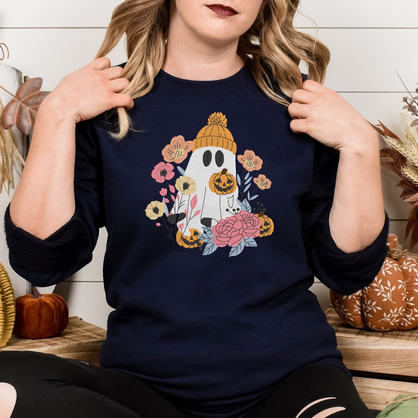 Floral Ghost Sweatshirt – Cozy Fall Embroidered Halloween Pullover