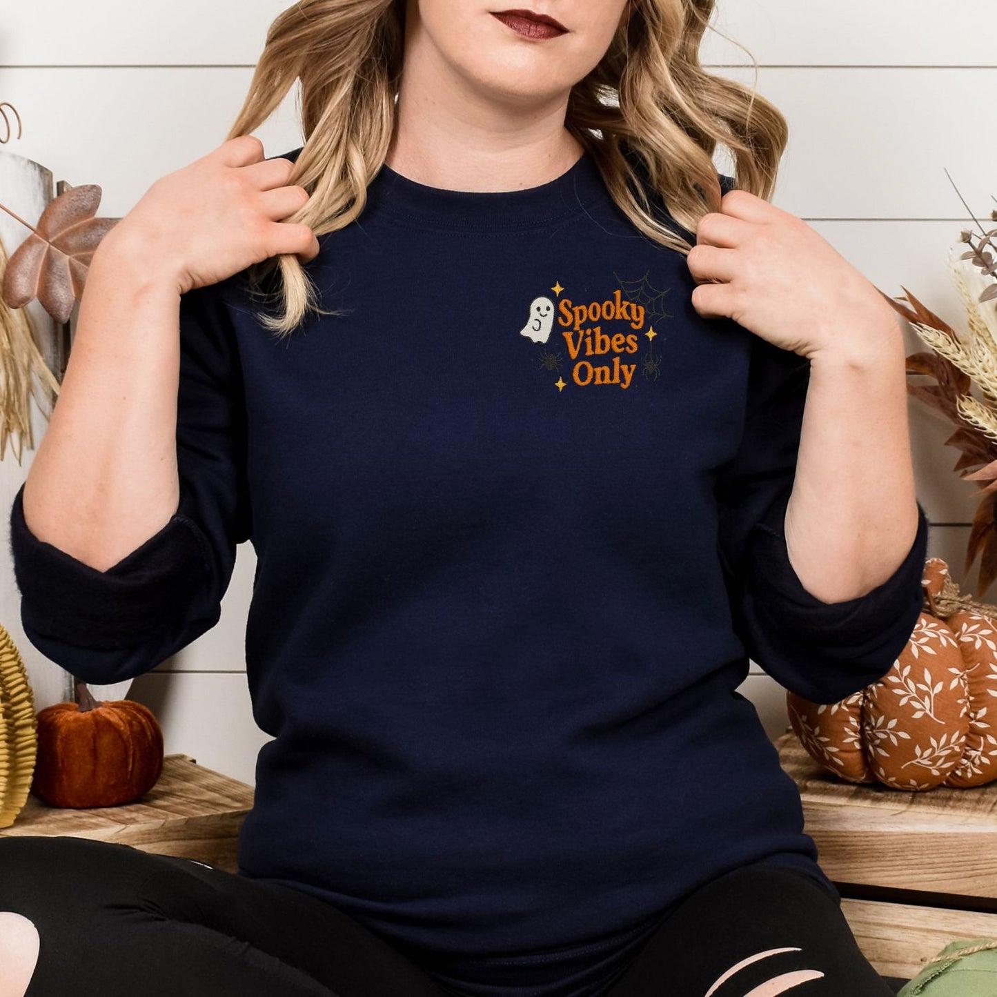 Spooky Ghost Embroidered Halloween Crewneck | Fall Cozy Sweatshirt | Cute Spiderweb Ghost Sweater