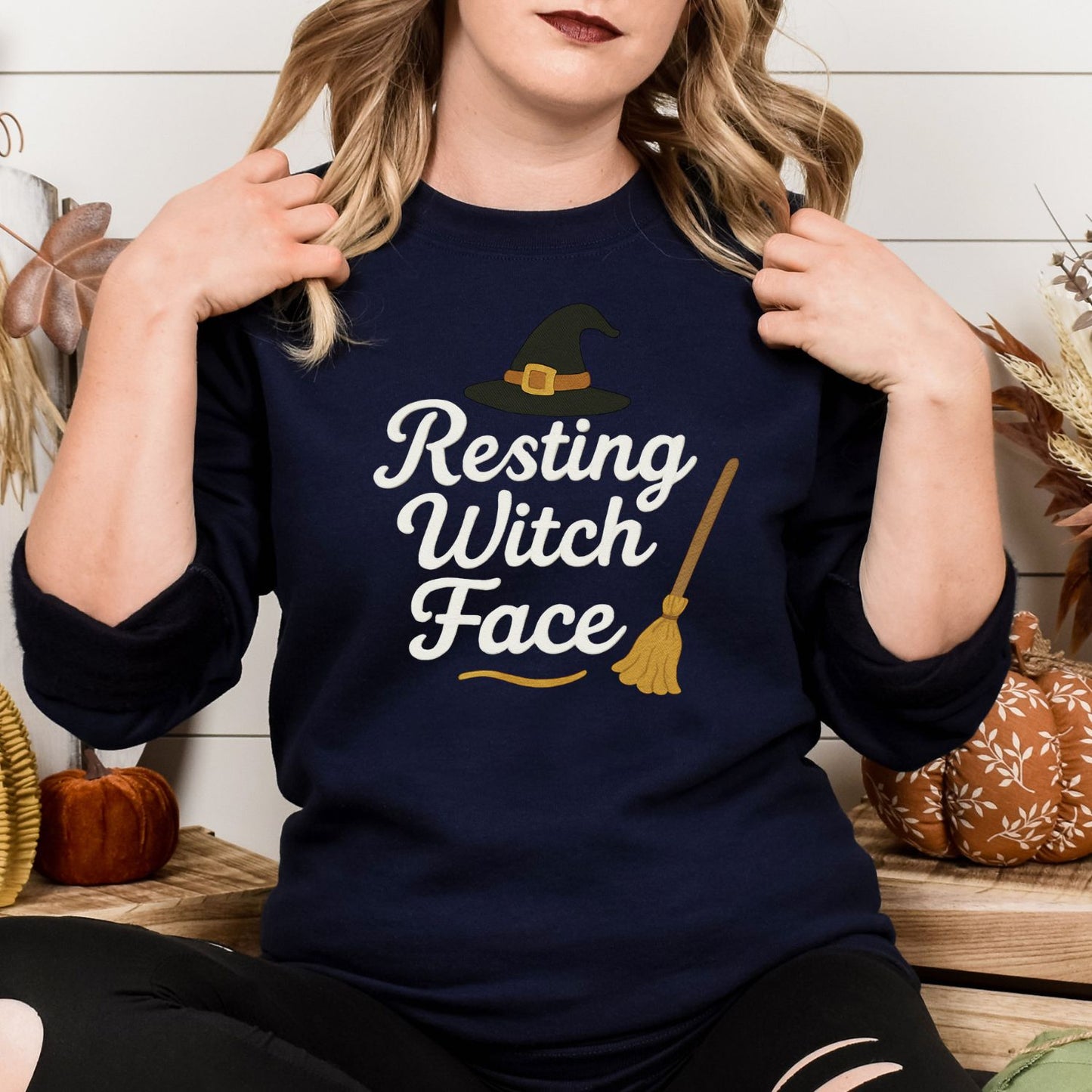 Witchy Embroidered Halloween Sweatshirt – Cozy “Resting Witch Face” Pullover for Spooky Season Vibes