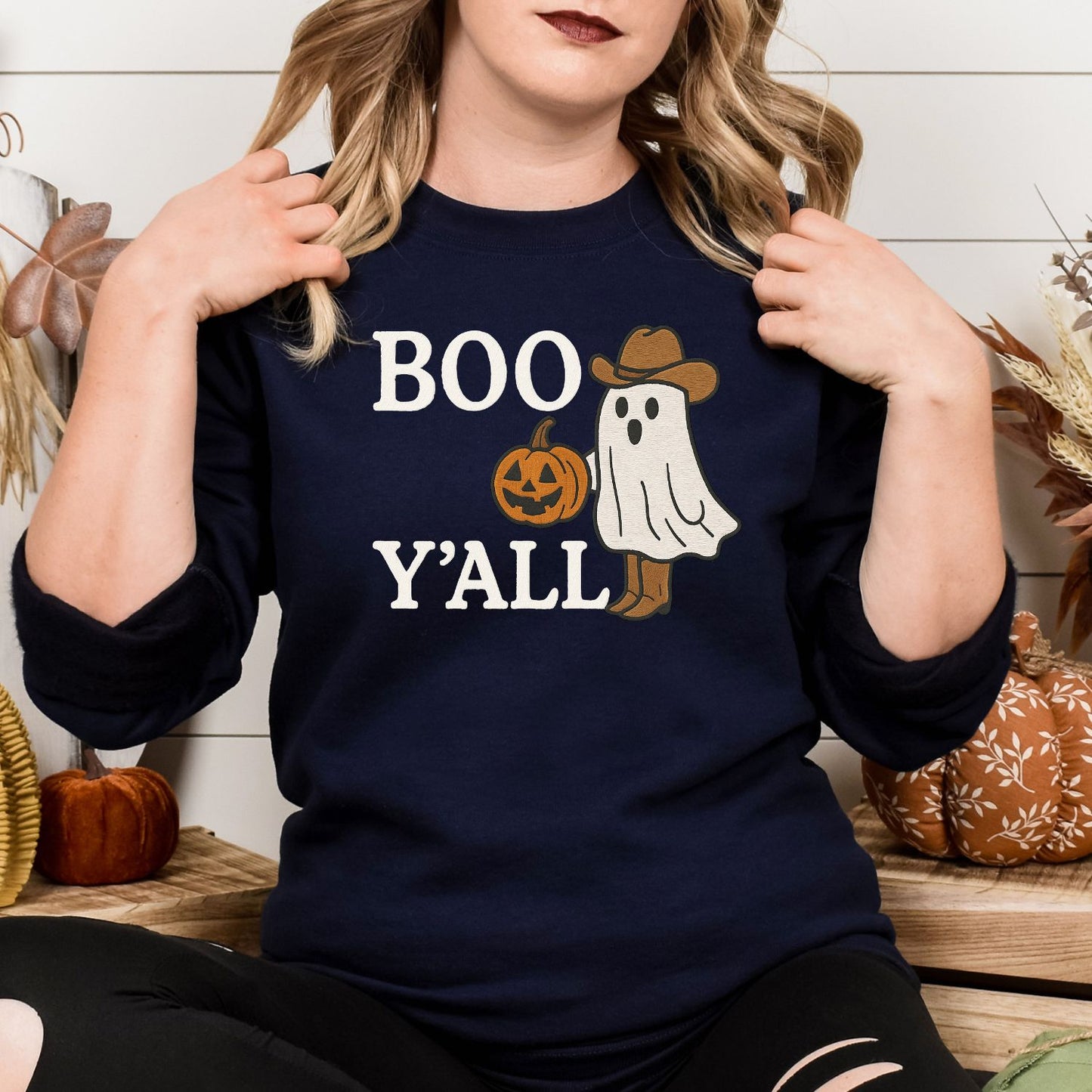 Boo Y’all Ghost Cowboy Embroidered Sweatshirt | Western Fall Halloween Crewneck