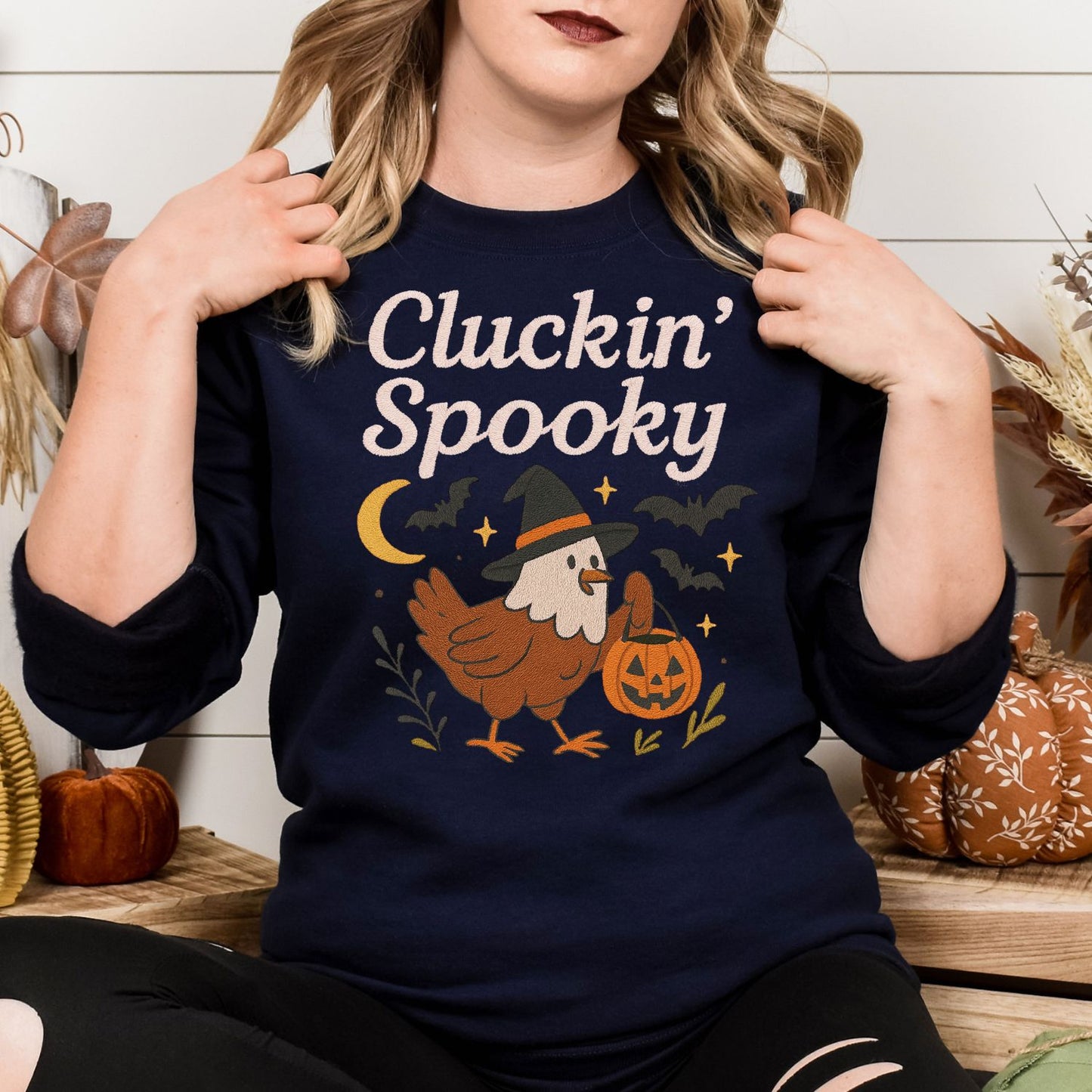 Cluckin’ Spooky Chicken Halloween Sweatshirt – Fall Embroidered Pullover for Cozy Season