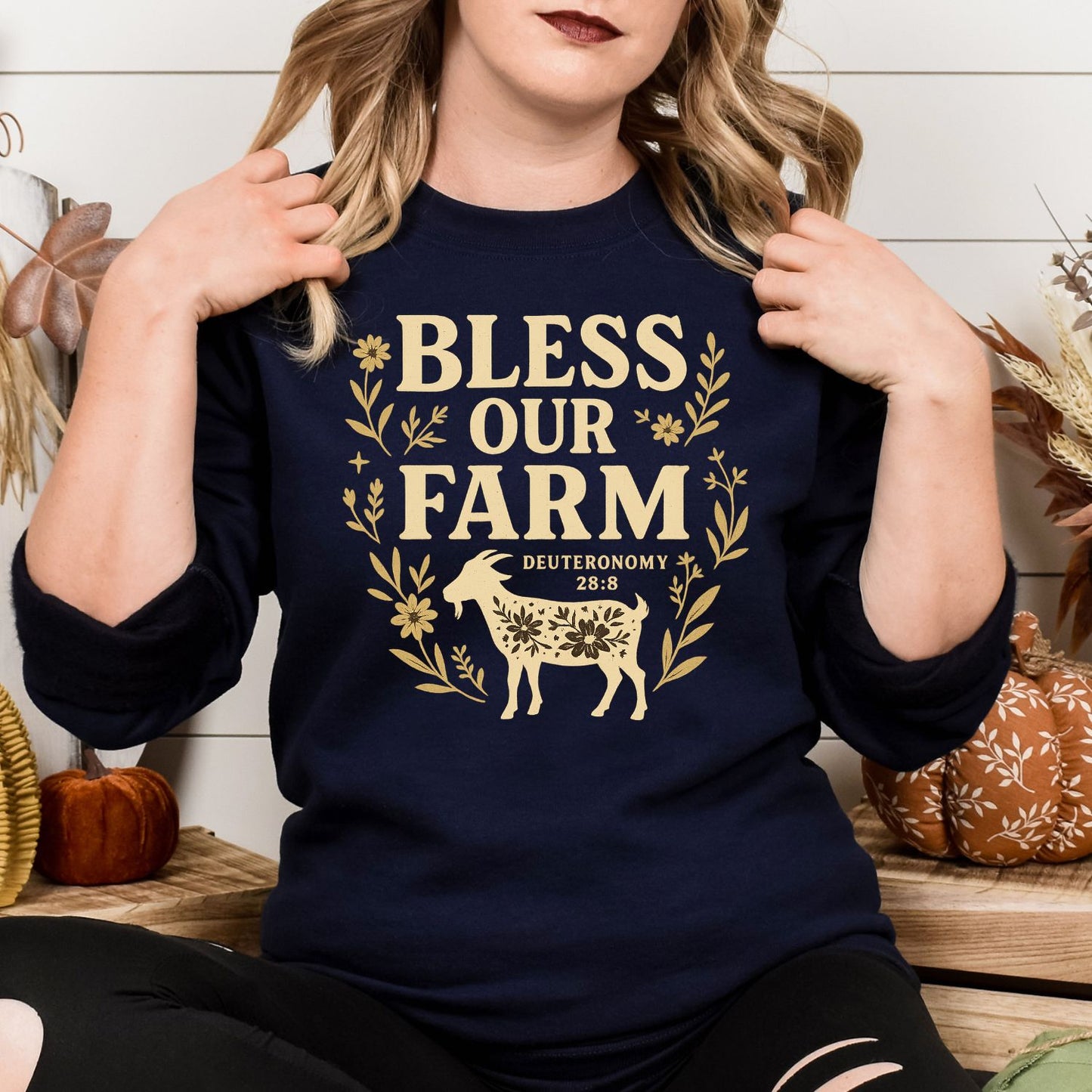 Bless Our Farm Sweatshirt | Inspirational Farm Quote Shirt with Goat and Floral Design | Christian Country Living Pullover