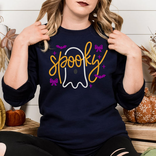 Spooky Cute Ghost Bow Embroidered Halloween Sweatshirt – Cozy Fall Crewneck for Women