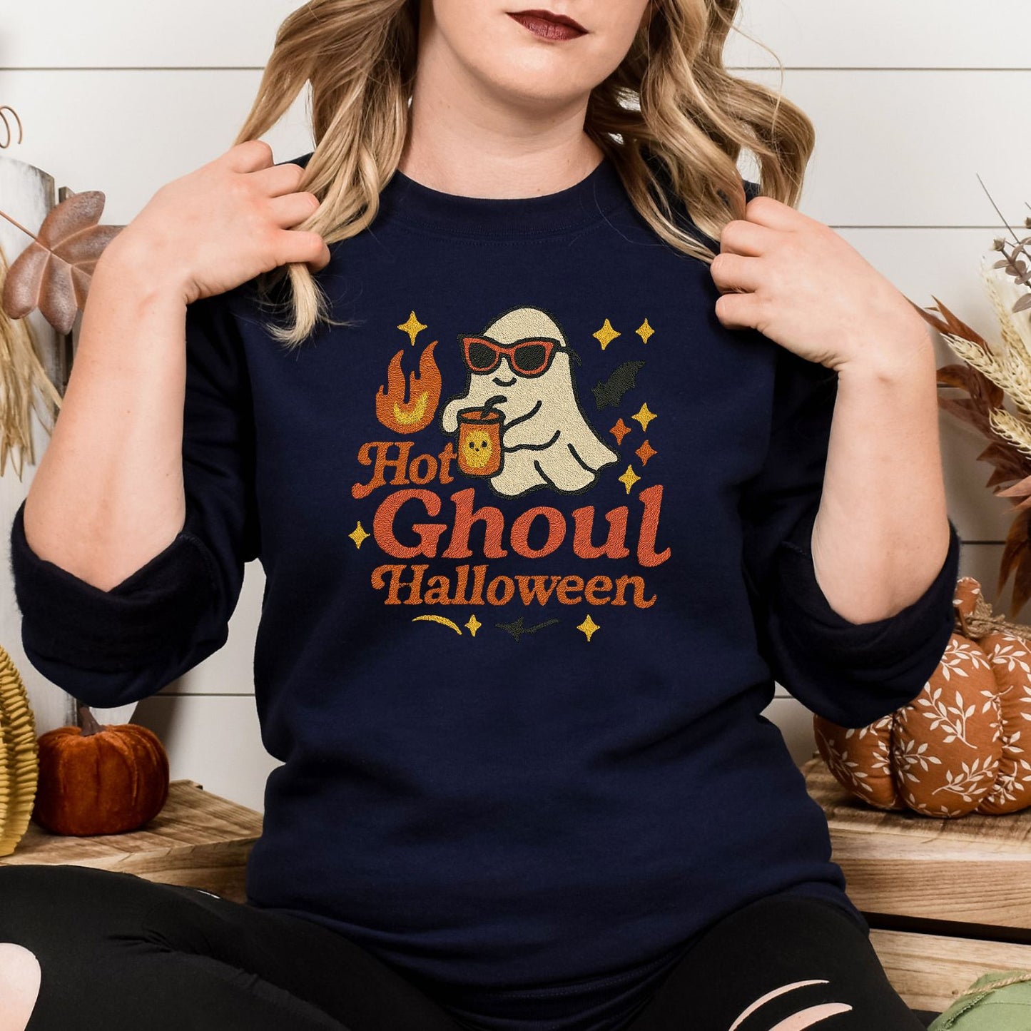 Hot Ghoul Halloween Embroidered Sweatshirt | Cozy Fall Ghost Crewneck | Spooky Season Pullover for Women