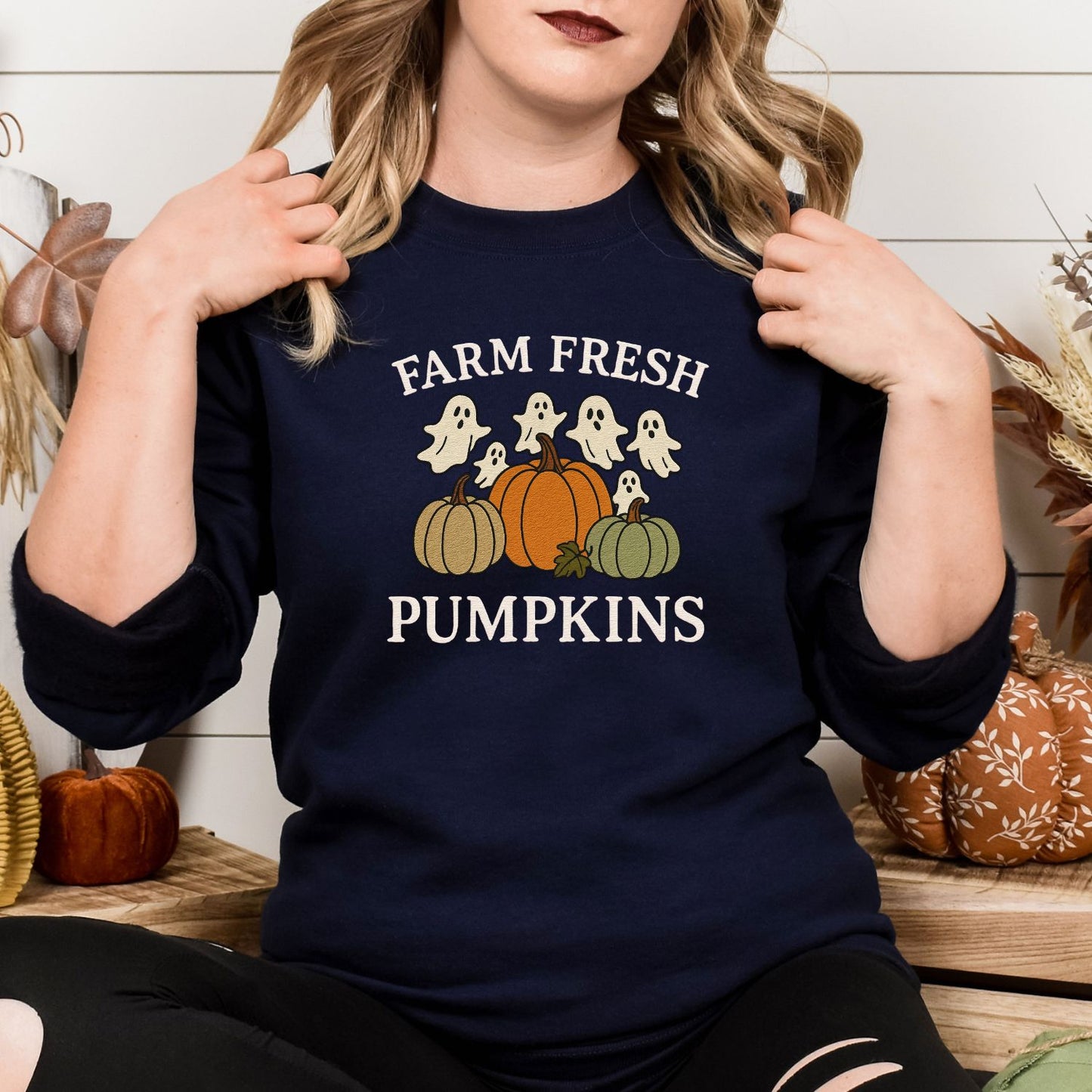 Farm Fresh Pumpkins and Ghosts Sweatshirt – Cozy Fall Embroidered Crewneck for Autumn Lovers