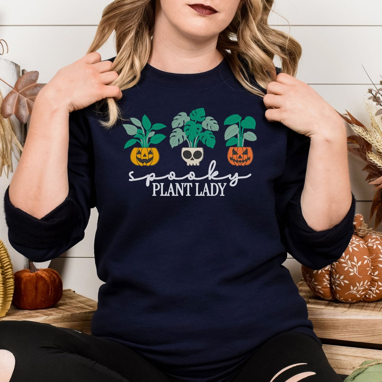 Spooky Plant Lady Halloween Sweatshirt – Jack-o'-Lantern Embroidery – Plant Mom Fall Crewneck