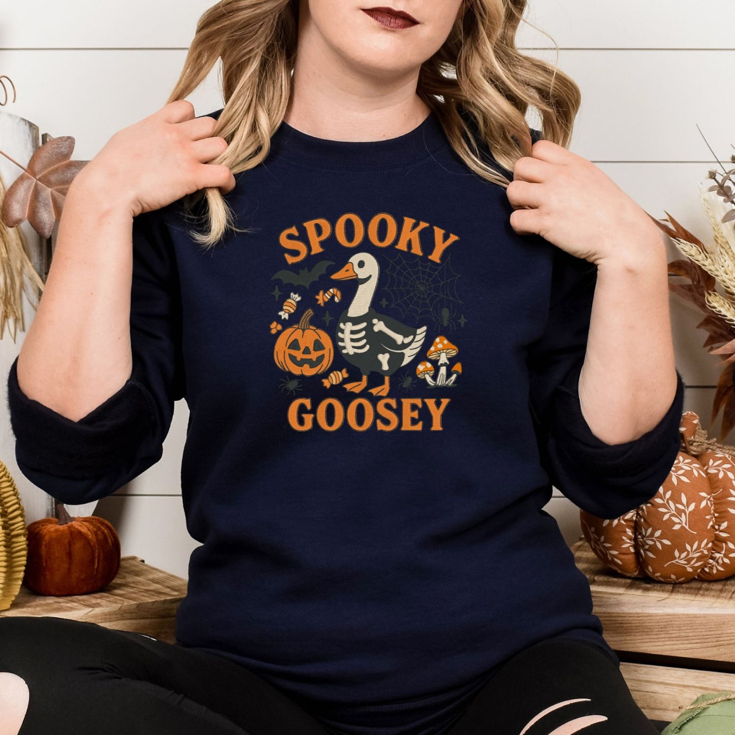Spooky Goose Skeleton Embroidered Halloween Sweatshirt – Funny Fall Crewneck