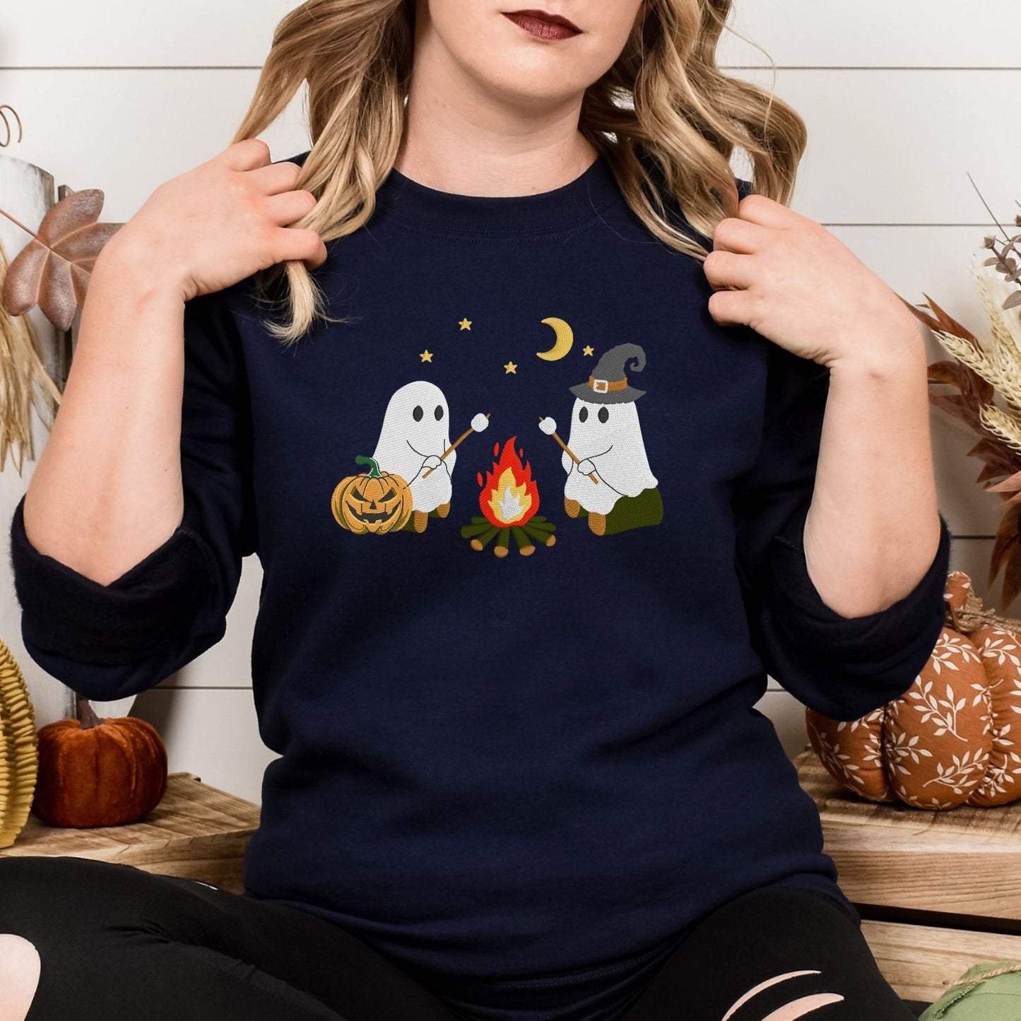 Campfire Ghost Embroidered Sweatshirt | Cute Fall Crewneck | Spooky Season Cozy Pullover