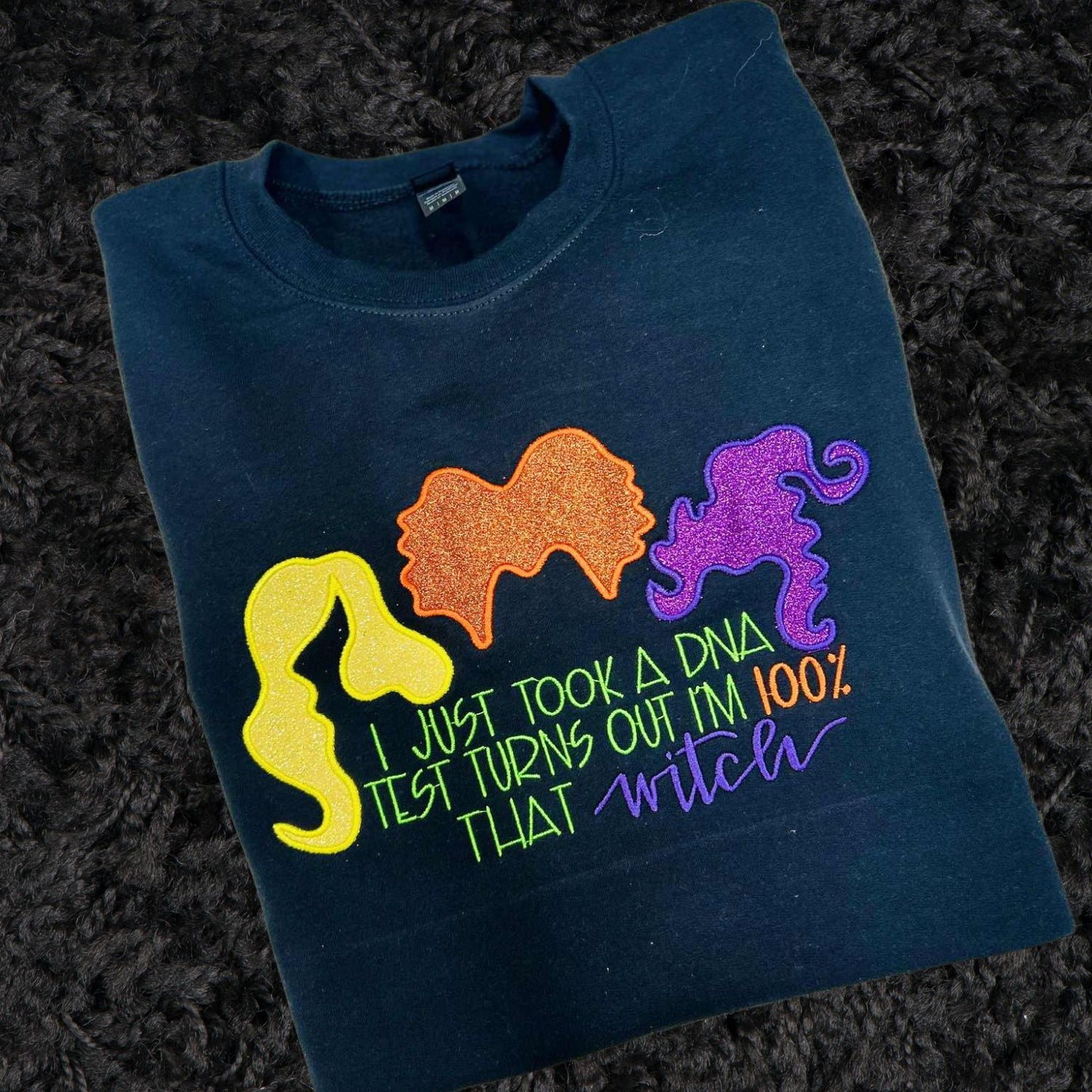 Colorful Glitter Hair Trio Embroidery Applique Sweatshirt – Fall & Halloween Cozy Crewneck