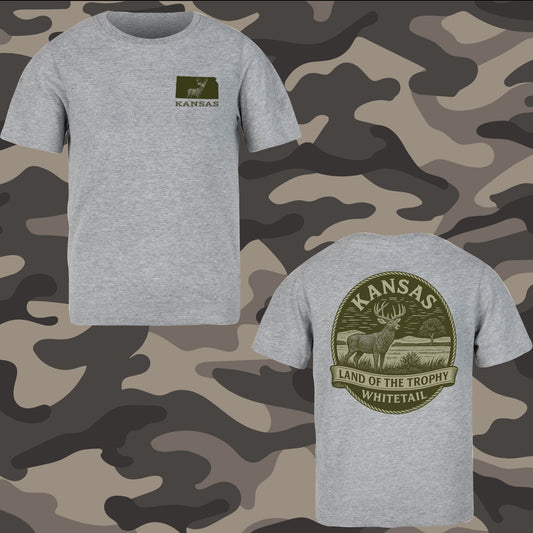Kansas Whitetail Deer Hunting T-Shirt – “Land of the Trophy Whitetail” Vintage Outdoor Graphic Tee for Hunters, Outdoorsmen & Wildlife Enthusiasts
