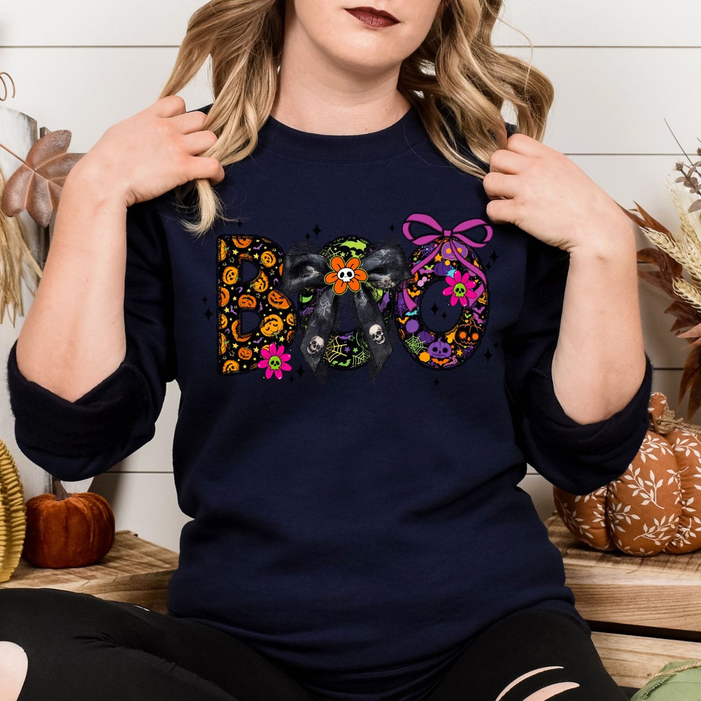 BOO Halloween Shirt – Cute Spooky Bow Graphic Tee | Colorful Pumpkin & Skull Shirt | Pastel Goth Halloween Shirt | Purple Fall Aesthetic Tee