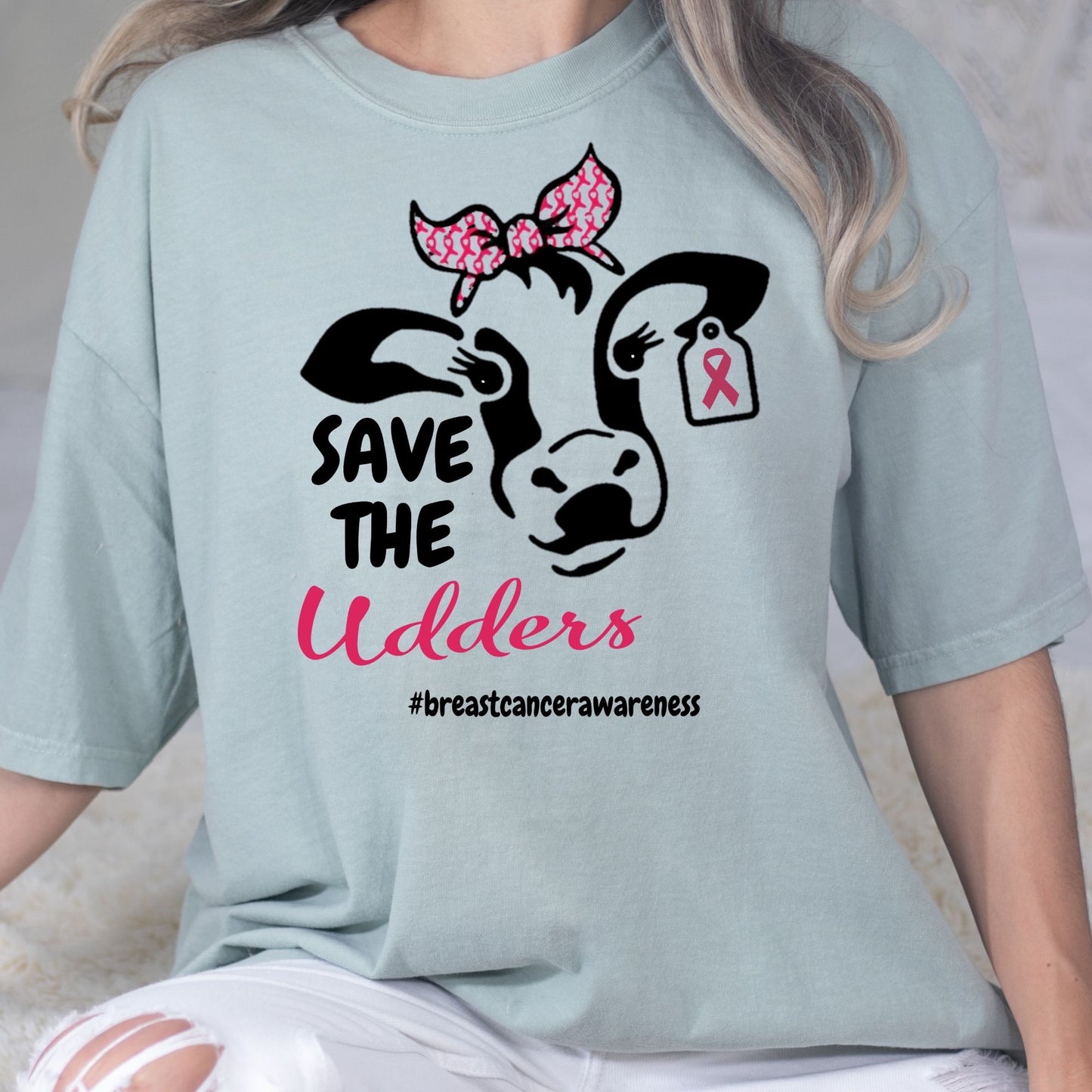 Cow Graphic Tee – Funny Farm Shirt – Pink Awareness Support – Save the Udders – Women’s Comfort Fit DTG T-Shirt