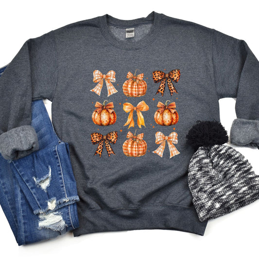 Rustic Fall Pumpkins and Bows Sweatshirt – Cozy Autumn Graphic Crewneck