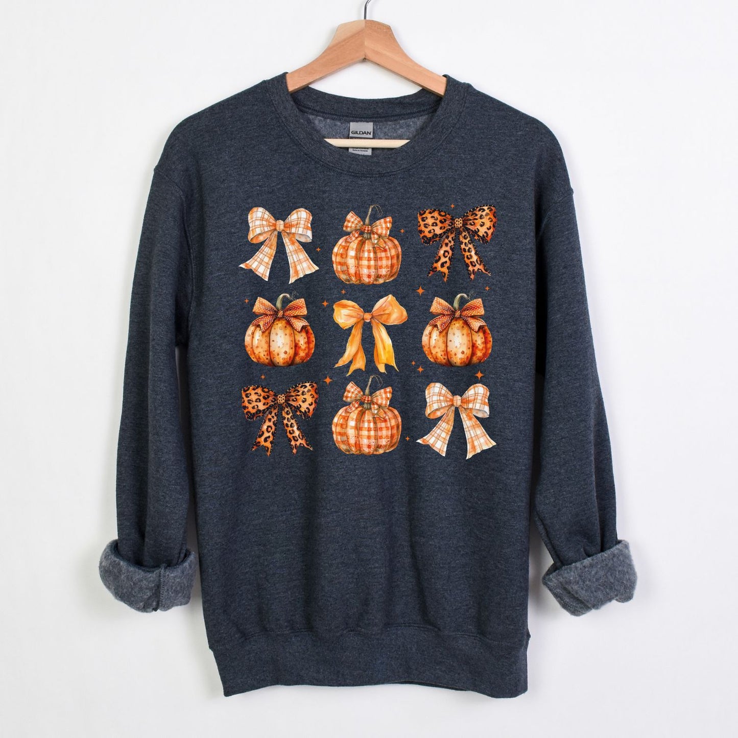 Rustic Fall Pumpkins and Bows Sweatshirt – Cozy Autumn Graphic Crewneck