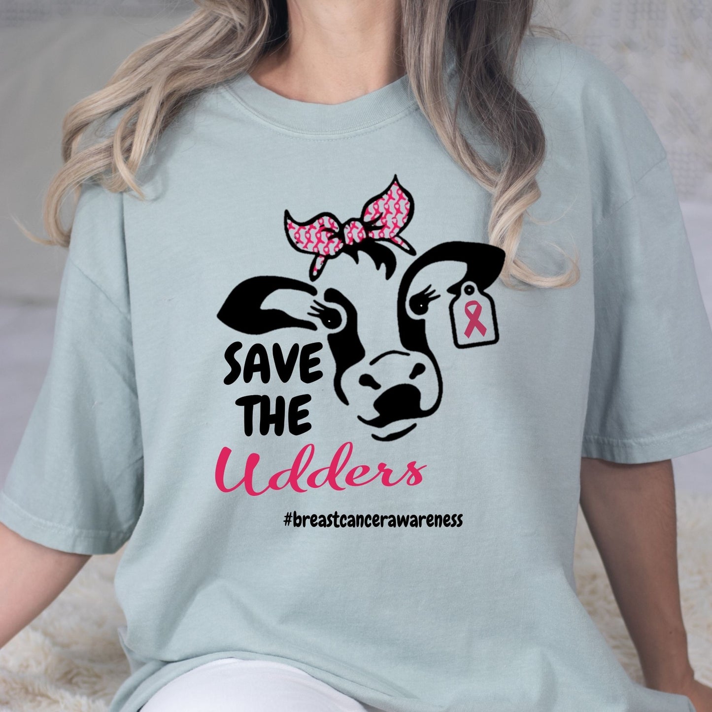 Cow Graphic Tee – Funny Farm Shirt – Pink Awareness Support – Save the Udders – Women’s Comfort Fit DTG T-Shirt