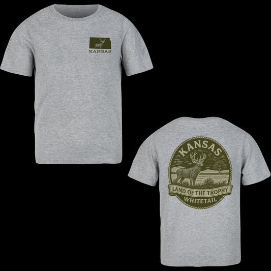 Kansas Whitetail Deer Hunting T-Shirt – “Land of the Trophy Whitetail” Vintage Outdoor Graphic Tee for Hunters, Outdoorsmen & Wildlife Enthusiasts
