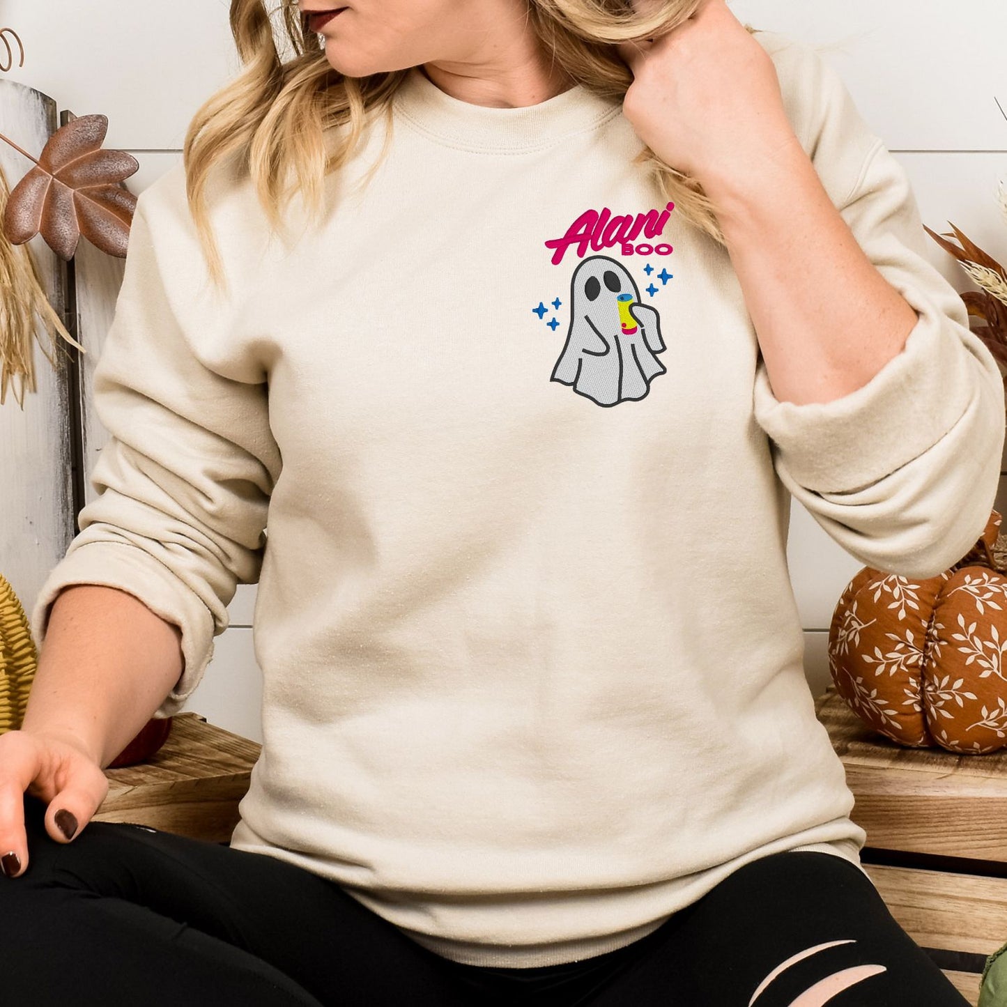 Cozy Ghost Embroidered Sweatshirt – Cute Halloween Pullover with Drink – Fall Autumn Spirit Crewneck – Spooky Season Embroidery Shirt
